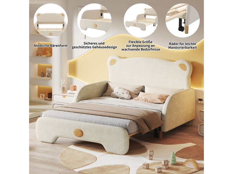  Lit enfant 140x200, sécurité optimale lit cabane enfant, extérieur peluche velours, structure bois massif, lit gigogne intégré  - Conforama E