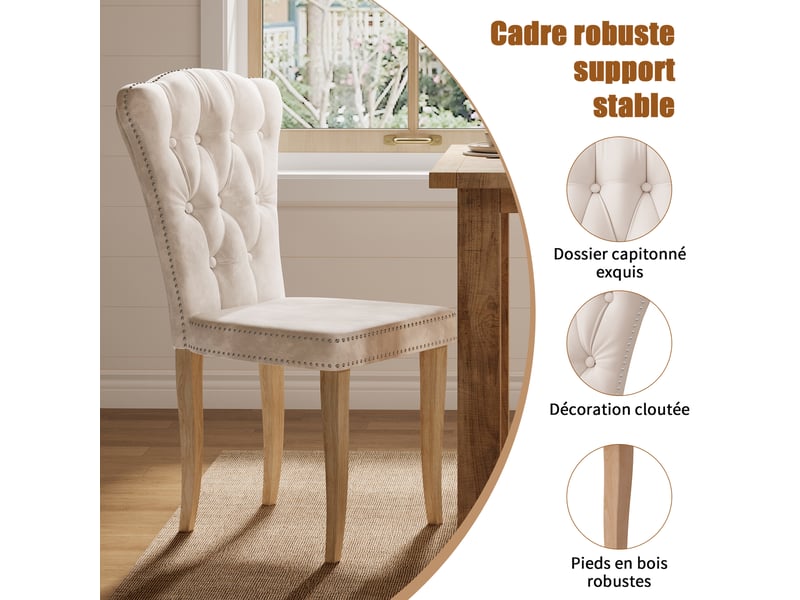 Lot de 2 chaises salle à manger,chaises de cuisine, dossier clouté,pieds en bois,rembourrée,50x47x99 cm,velours,beige  - Conforama W