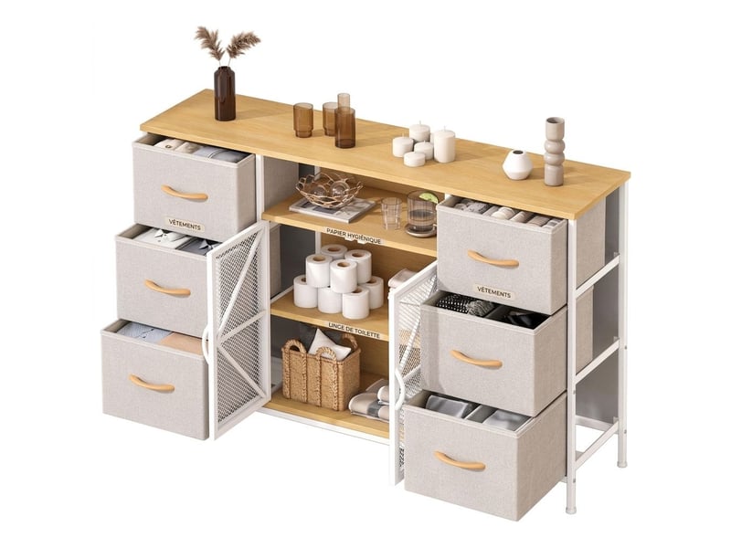  Meuble tv commode 120x30x75 cm six tiroirs tissu portes metal blanc et kaki  - Conforama A