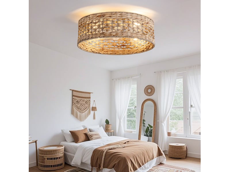 Ventilateur de plafond 50x50 cm avec éclairage, rotin cuivre et 6 vitesses - Conforama B
