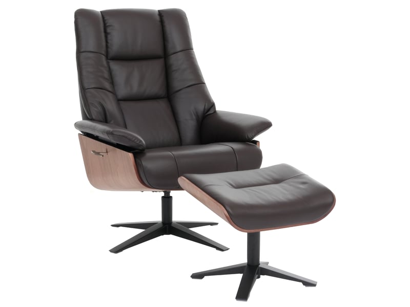  Fauteuil de relaxation avec accoudoirs et repose-pieds en véritable marron et bois 04_0007823  - Conforama A