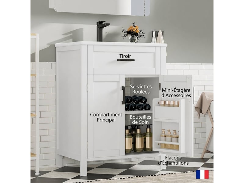 Meuble salle de bain sur pied meuble vasque 60 cm blanc moderne avec vasque en céramique intégrée - Conforama D