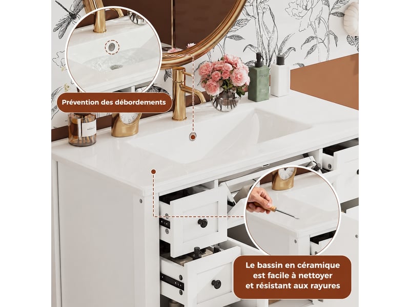 Meuble vasque sur pied 91 cm blanc, finition laquée, avec vasque en céramique intégrée  - Conforama E