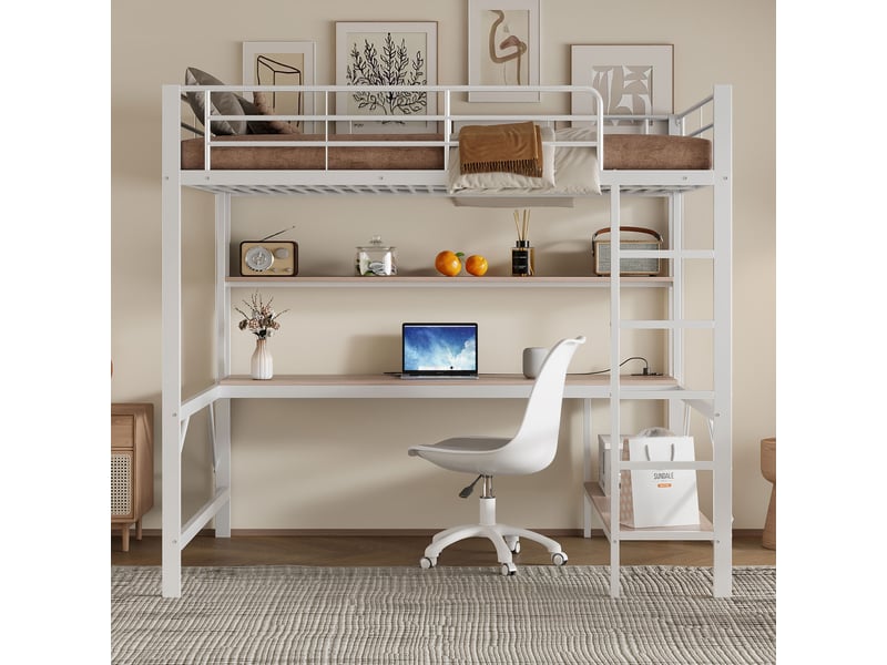  Lit mezzanine métal blanc 140x200 cm – bureau, étagères, led, ports usb et prise  - Conforama D