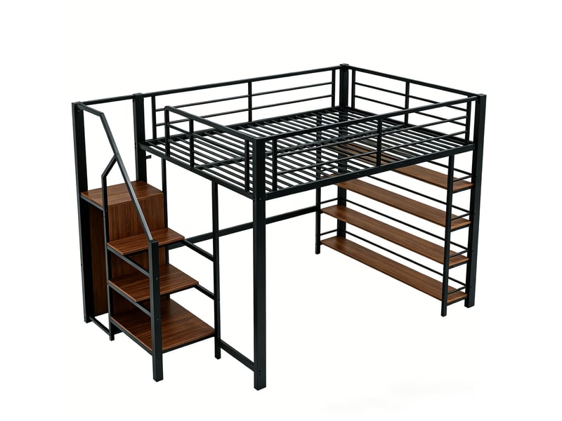  Lit mezzanine enfant 140x200 cm – noir – escalier de rangement, penderie et étagères intégrées  - Conforama A