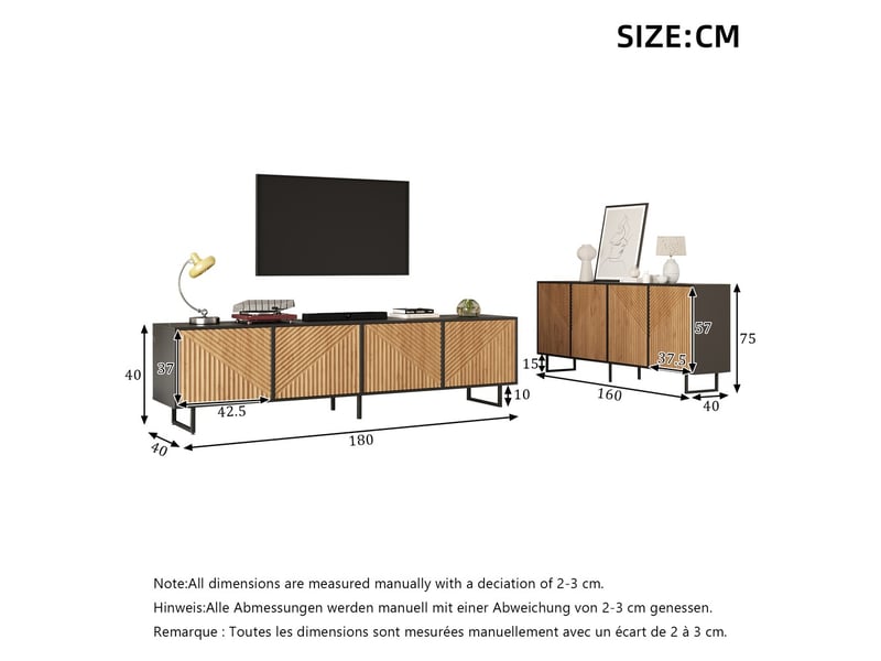 Buffet salon 160×40×75 cm bois naturel touches noires plus meuble tv 4 portes 180×40×50 cm tv 80 pouces  - Conforama C