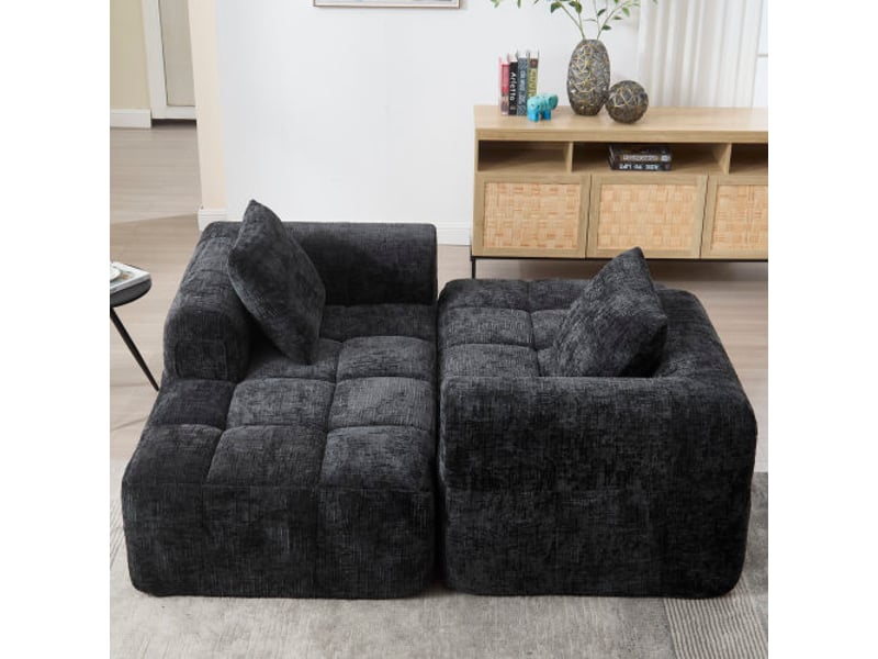 Canapé d’angle en l moderne 3 places noir chenille – méridienne, sans montage, 3 coussins, poche télécommande - Conforama D