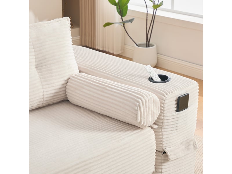 Canapé convertible 3 places 232x98x80 cm avec poches, porte-gobelets, design fonctionnel, pour salon, velours, beige - Conforama E