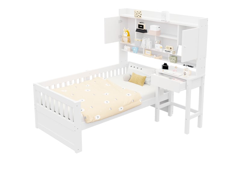 Lit enfant multifonction 90x200 cm avec bureau, tiroirs, rangements, led et prise, lit simple en bois avec barrière de sécurité, sommier, blanc OPULERANE TRADING LTD - Conforama A