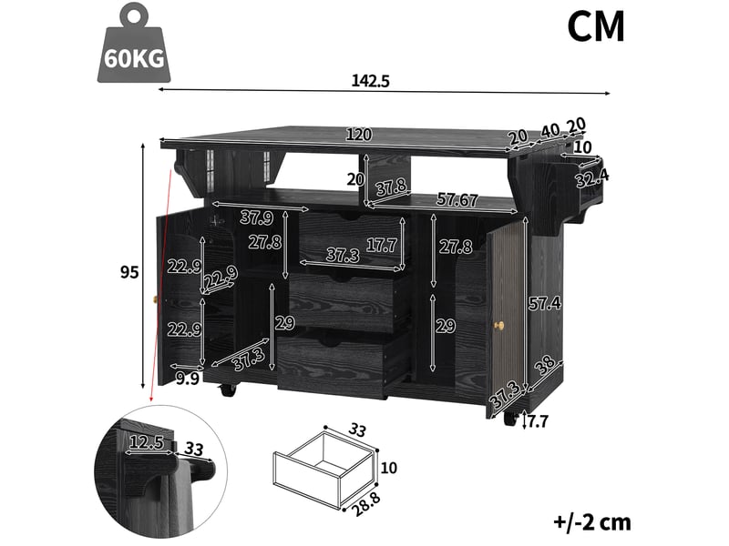  Desserte de cuisine 142,5x80x95 cm, avec 2 portes, 3 tiroirs, roulettes verrouillables et plateau extensible pliable, en mdf noir  - Conforama C