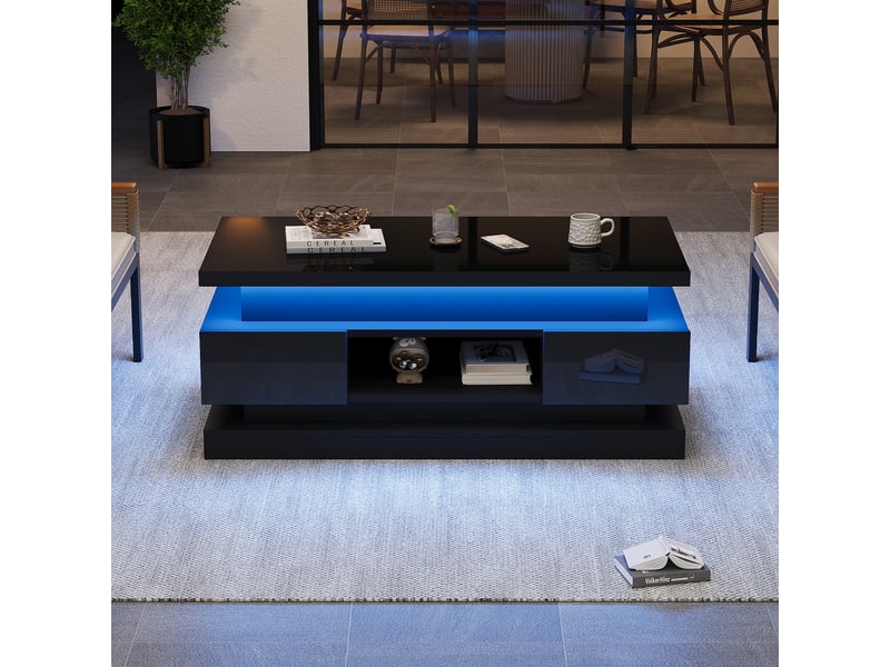  Table basse relevable noire avec led et 2 tiroirs - rangement caché 100x50x40 cm  - Conforama E