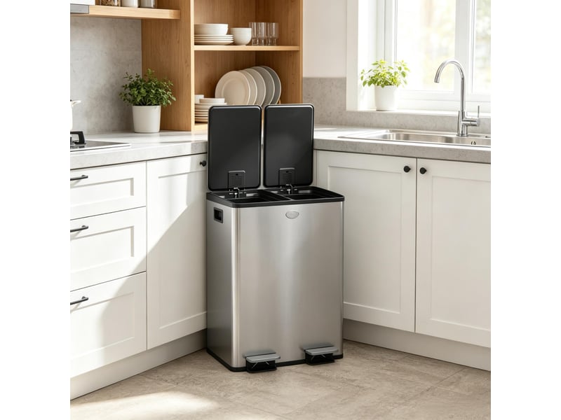  Poubelle tri sélectif - poubelle double de tri sélectif pour la cuisine, 2 x 28 l, couvercle à fermeture amortie, argent  - Conforama C