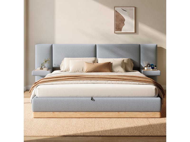  Lit coffre rembourré 180x200 cm -  avec étagères en tête de lit et ports usb - tissu teddy + pu​​ - gris+naturel (sans matelas)  - Conforama B