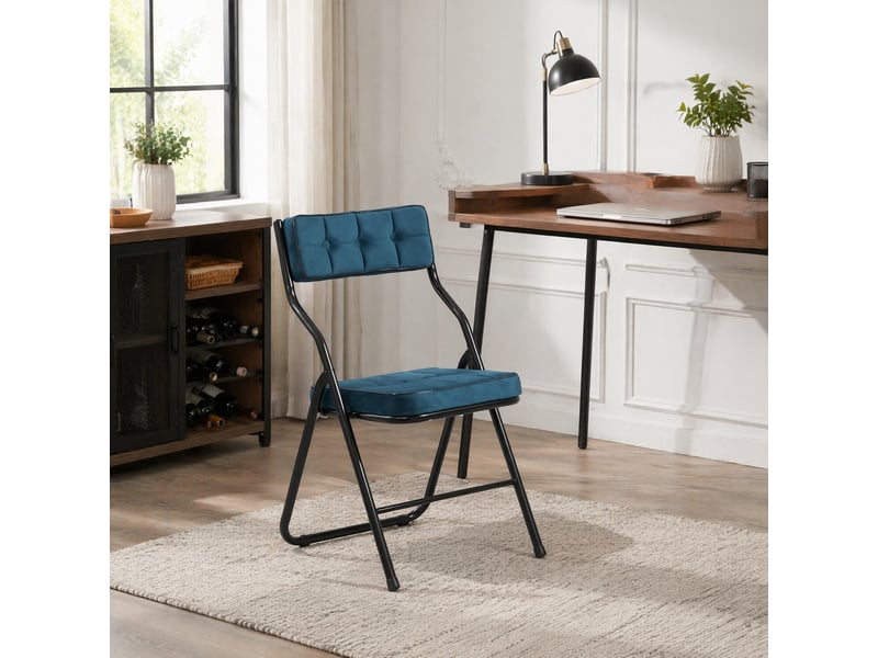  Chaises pliantes rembourrées 2 pièces, dossier incurvé à 110°, acier et velours bleu  - Conforama C