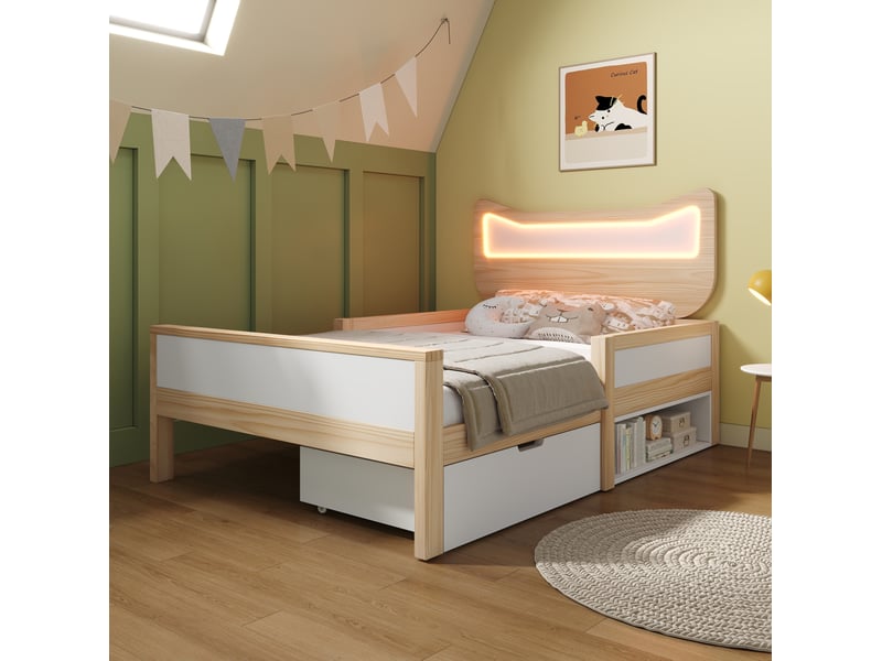 Lit enfant 90 x 190 cm avec tête de lit chat, led rgb, tiroir blanc et chêne - Conforama E