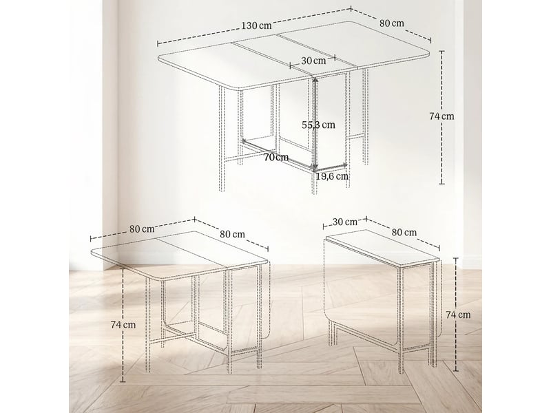  Table extensible pliante avec 2 plateaux relevables, étagère et 6 roulettes freinées, gris 130 × 80 × 74 cm  - Conforama C