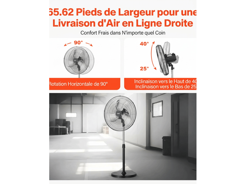  Ventilateur sur pied industriel noir, ventilateur oscillant 50 cm à 3 vitesses, ventilateur hauteur réglable pour salon et bureau  - Conforama D