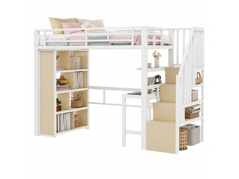  Lit mezzanine 1 place avec bureau, marches de rangement, étagères et led, 90x200 cm, sans matelas, blanc  - Conforama A