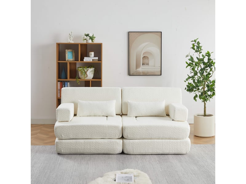  Canapé convertible 2 places 2 en 1-chauffeuse modulable pliable-chenille-lit d'appoint-cadre métal-compressé-beige  - Conforama C