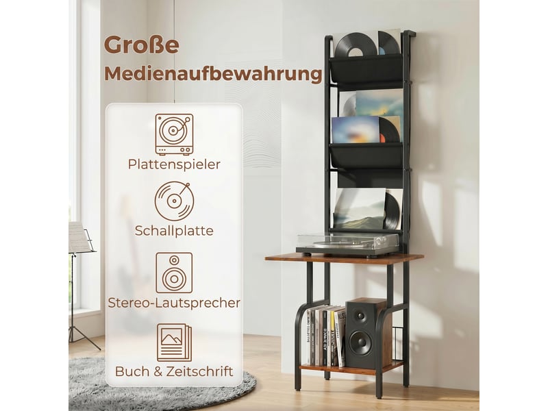  Présentoir à cd industriel, support de rangement pour cd et dvd avec 3 poches en tissu et plateau, aspect bois rustique marron  - Conforama E