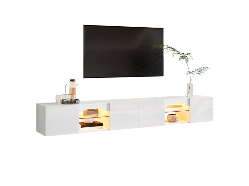  Meuble tv bas 200 x 30 x 28 cm, 4 portes, 2 niches ouvertes, éclairage led piloté par application, étagères en verre, panneaux de particules, blanc  - Conforama A