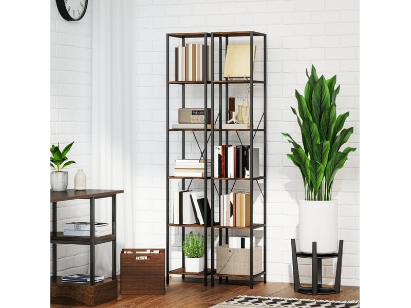  Bibliothèque lot de 2 avec 6 étagères, cadre acier et croisillons, pour salon, bureau et chambre, marron rustique  - Conforama C