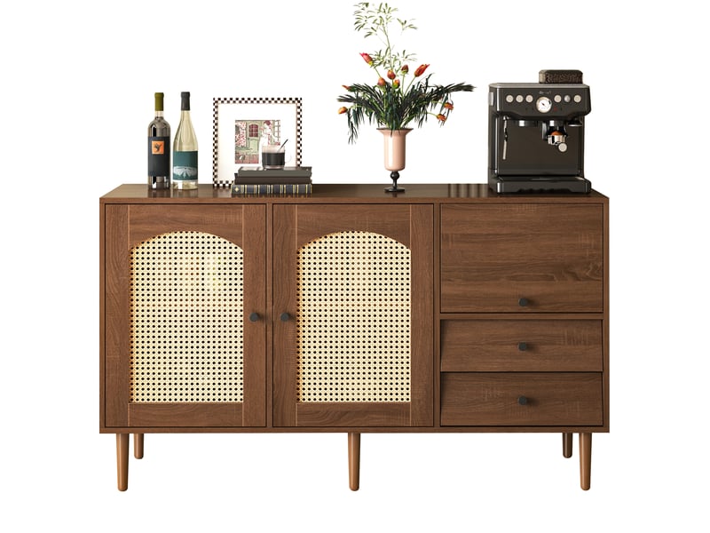 Buffet enfilade 130x40x75.5cm avec cannage rotin et rangement modulable | style bohème chic pieds bois massif | charge 60kg - chêne clair - Conforama A