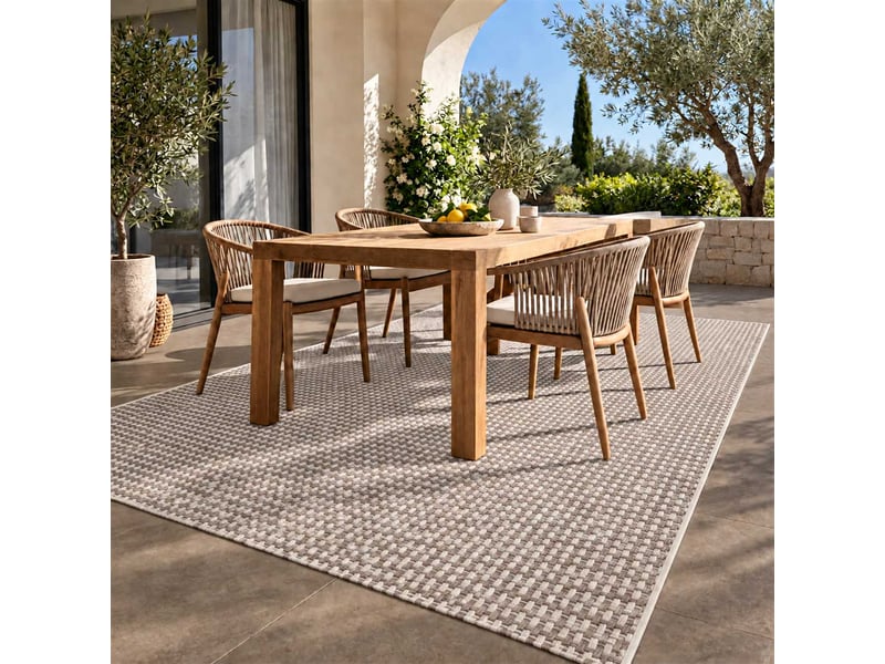  The white stone tapis extérieur à carreaux 200x290 cm gris | pour intérieur et extérieur, résistant aux uv et à l'eau, lavable | tapis en polypropylène tissé à plat effet sisal  - Conforama A