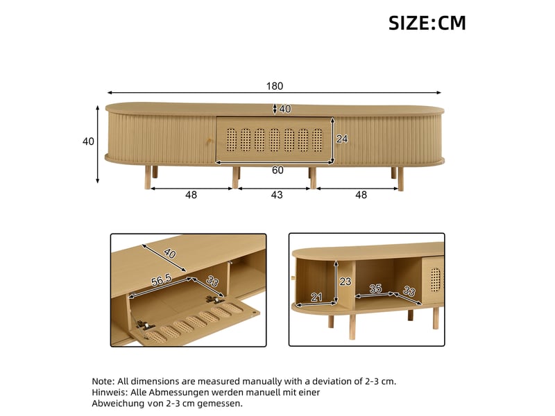 Meuble tv 180 cm pour écran jusqu’à 75 pouces, 2 portes à rideau, 1 porte abattante effet rotin, 5 rangements fermés, mdf effet bois naturel - Conforama D