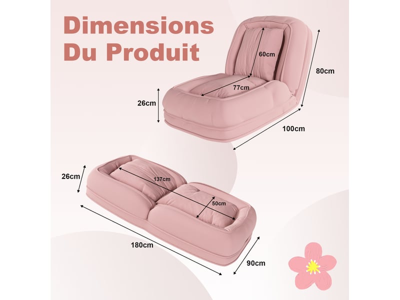 Fauteuil pouf convertible 1 place en tissu côtelé rose, 5 positions 90°-180°, avec 2 coussins, pliable et compact  - Conforama C