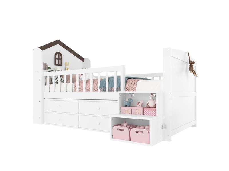  Lit semi-hauteur enfant 90 x 200 cm maison avec fenêtre, 4 tiroirs, échelle de rangement et led, blanc  - Conforama A