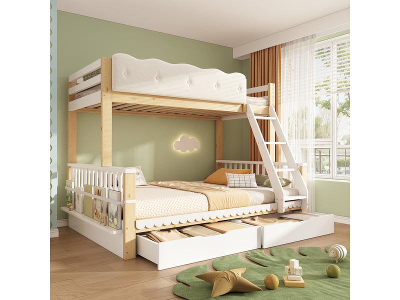  Lit superposé enfant 90x200140x200 cm blancchêne avec 2 tiroirs, porte-revues et garde-corps Fay Lum - Conforama B