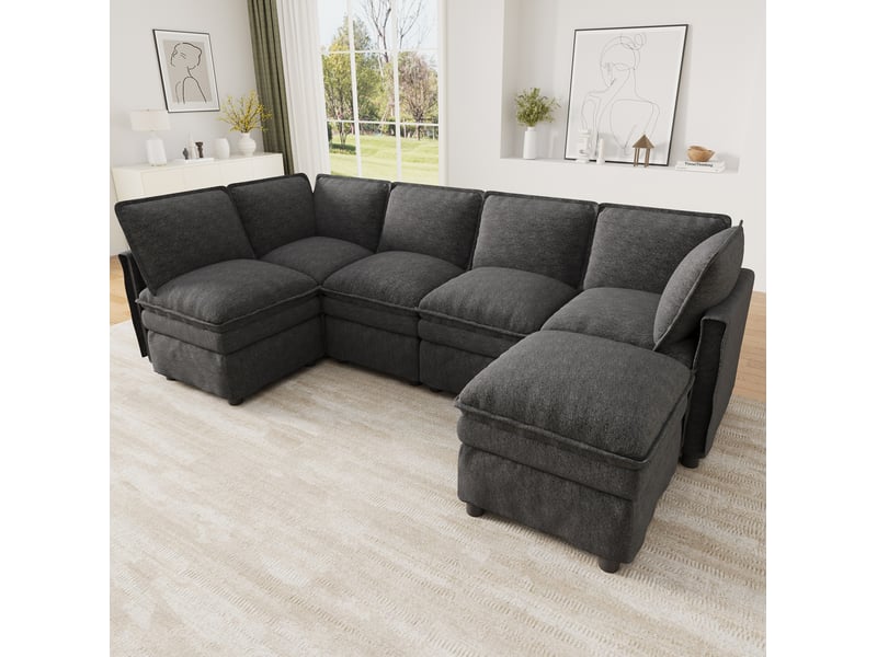 Canapé modulable 344x127x91 cm avec fonction couchage et pouf mobile, gris - Conforama D