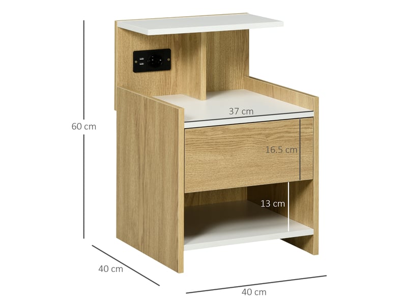  Table de chevet moderne avec 2 prises électriques, 2 ports usb et tiroir en aggloméré, 40 x 40 x 60 cm, couleur bois  - Conforama E