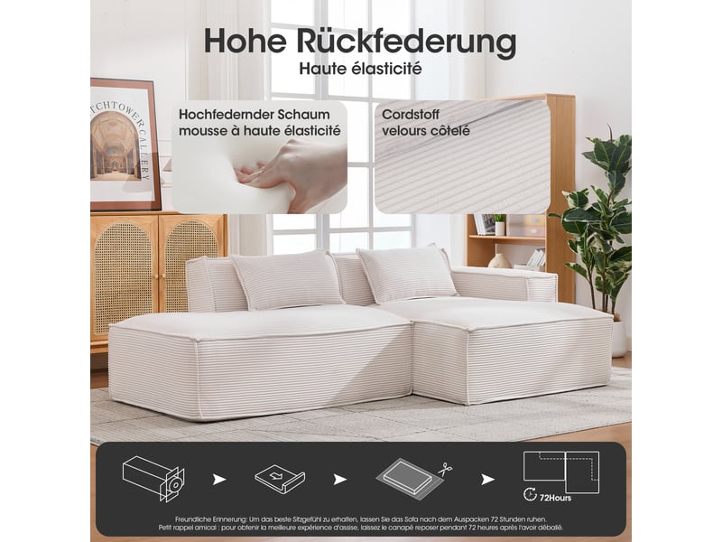  Canapé droit compact avec assise à ressorts ensachés  - rembourrage haute densité polyester beige 235 × 129 × 70 cm  - Conforama E