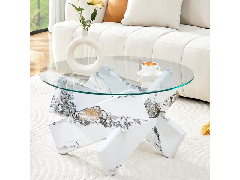 Table basse ronde moderne en verre et mdf, pieds effet marbre blanc, ø79 cm, design élégant - Conforama E