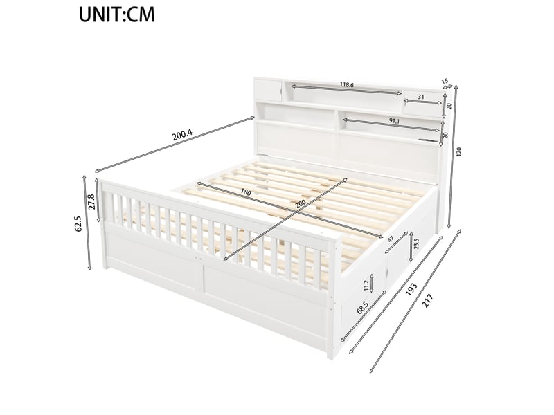  Lit plateforme 180 x 200 cm avec rangements, led, usb et 4 tiroirs blanc  - Conforama E
