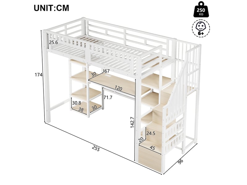  Lit mezzanine 90x200 cm avec bureau, éclairage led en métal et mdf blanc  - Conforama E