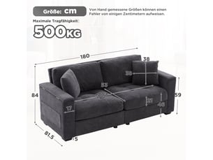 Canapé 180 cm moderne, canapé 2 places gris foncé avec rangement accoudoir et poches, tissu chenille doux, 2 coussins inclus.
