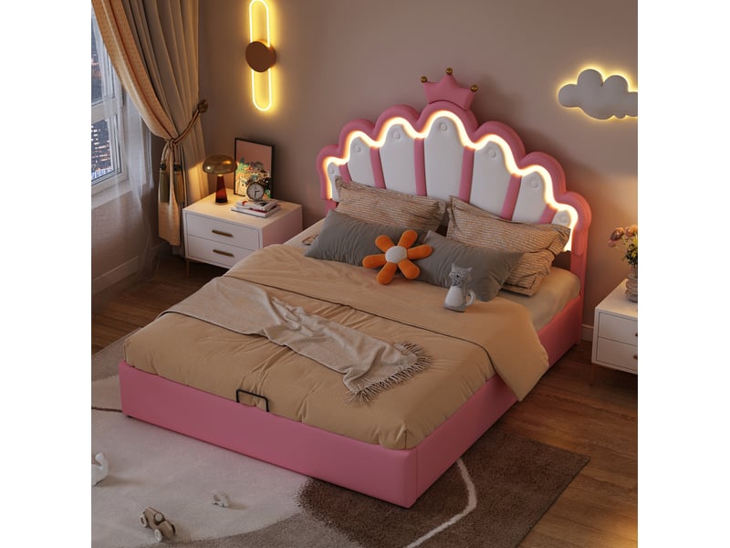  Lit coffre 140x200cm, lit jeune, rose, métal, en mdf, pu, forme nuage, éclairage led innovant, rangement caché, sans matelas  - Conforama E