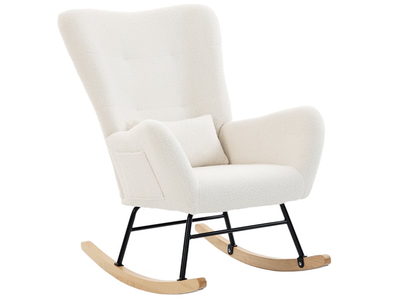 Fauteuil à bascule, rocking chair en peluche teddy avec dossier haut, coussin, pieds en bois d'hévéa, crème  - Conforama A