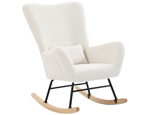 Fauteuil à bascule, rocking chair en peluche teddy avec dossier haut, coussin, pieds en bois d'hévéa, crème