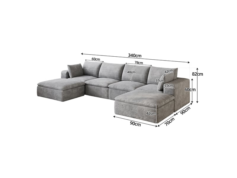  Canapé nuage 340 cm en velours côtelé gris foncé, grand canapé xxl sans montage pour salon et appartement  - Conforama C