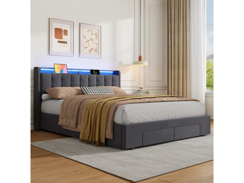  Lit rembourré ulevr 160x200 cm avec rangement, 2 tiroirs, port usb et éclairage led, velours gris foncé  - Conforama D