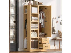 Armoire 70x50x170 cm à 1 porte avec étagères, 2 tringles et 2 tiroirs coloris bois