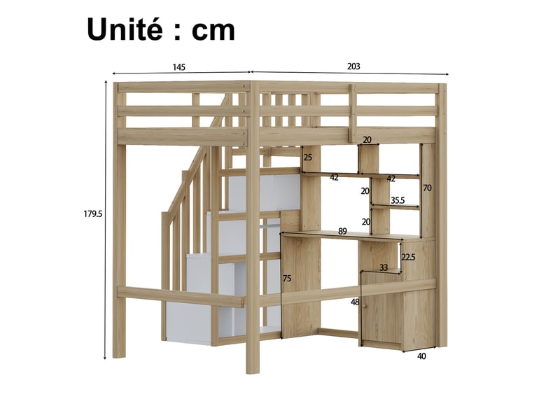  Lit mezzanine, lit simple avec escalier de rangement et garde-corps, 200x90 cm, matelas non précisé, blanc  - Conforama D