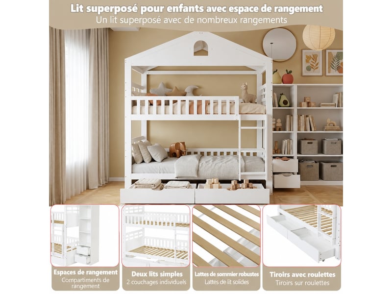  Lit superposé cabane enfant 90 x 200 cm avec échelle, 2 grands tiroirs, armoire latérale et barrières, bois blanc  - Conforama D