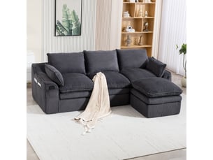 Canapé modulaire 3 places avec pouf en velours côtelé gris foncé 263 x 167 x 85 cm, poches latérales