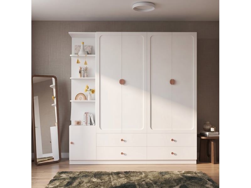 Armoire à portes battantes avec 3 tringles, 4 tiroirs et rangement ouvert pour chambre en blanc 225 × 45 × 200 cm - Conforama D