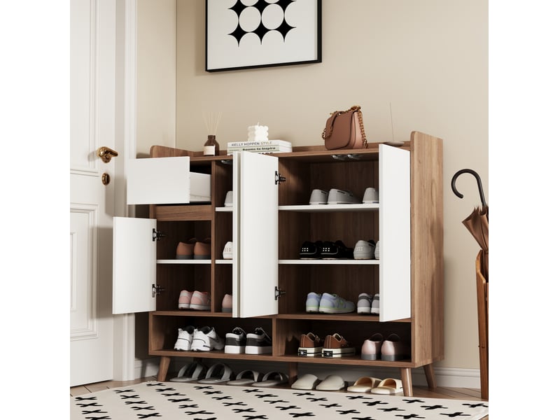  Buffet 120x35x99 cm – blanc et naturel – 4 portes, 1 tiroir, étagère réglable pour salon et cuisine  - Conforama D